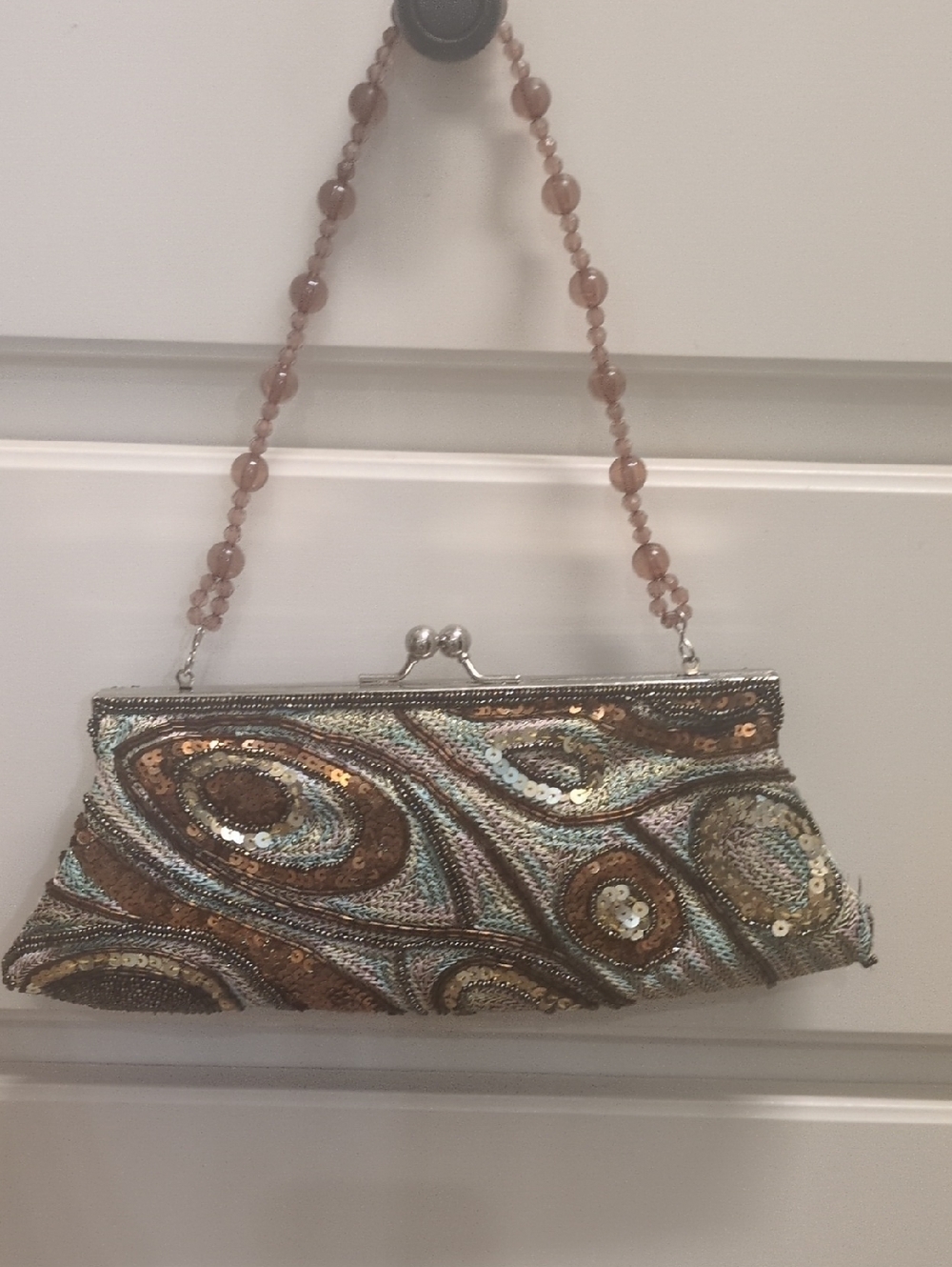 Beaded Sequin Evening Clutch Bag in Brown and Gold